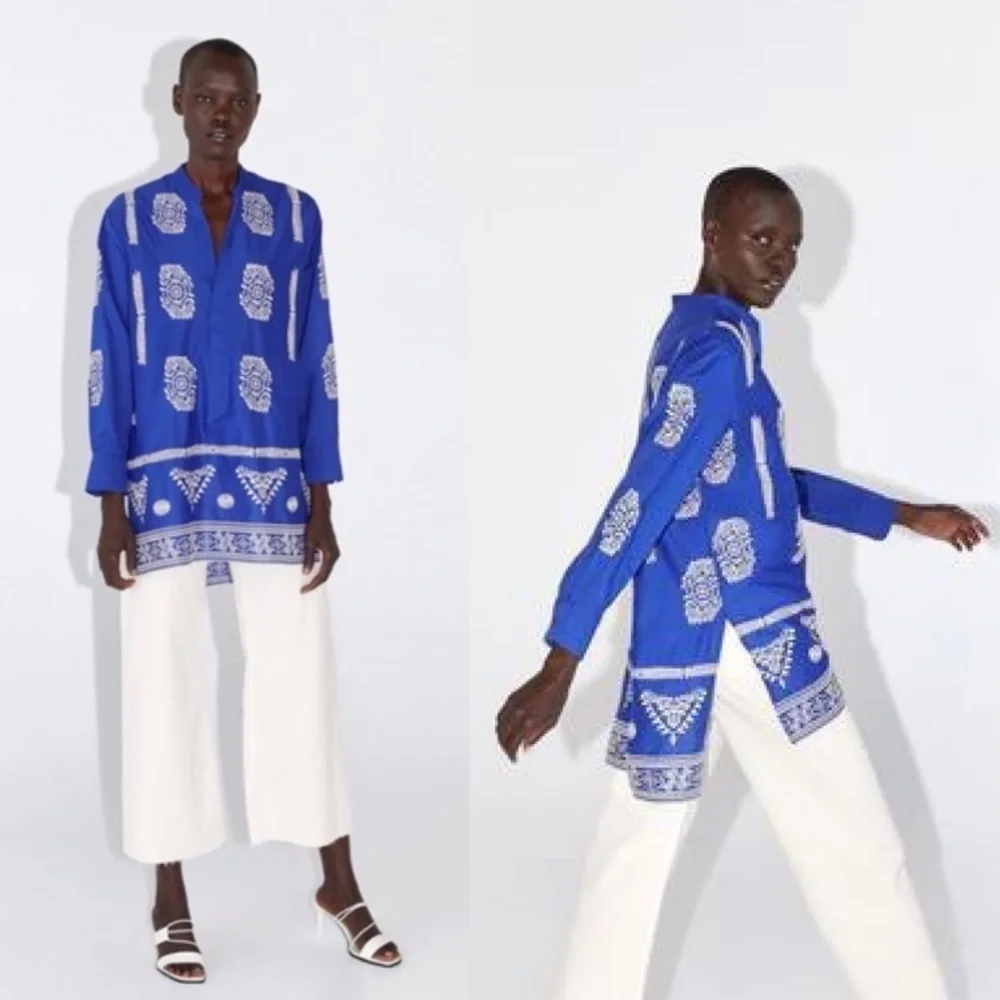 Zara Blue Embroidered Tunic Top